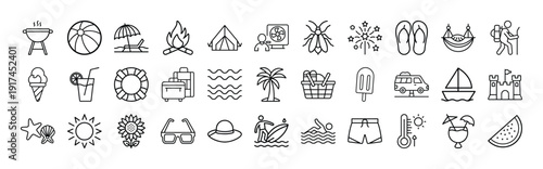 Collection of various beach and summer themed icons and symbols