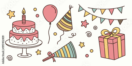 A vibrant birthday celebration with cakes, balloons, and festive decorations