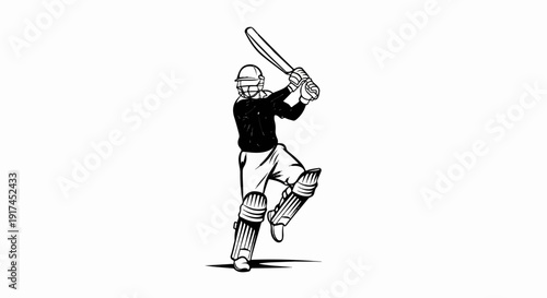 A sketch of a cricket player in protective gear mid-swing