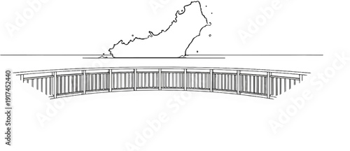 A sketch of a curved wooden railing with a hilly coastline in the background