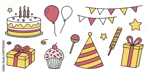 A vibrant celebration with cakes, balloons, and party decorations.