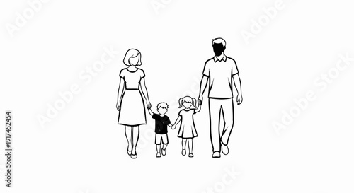 A sketch of a family of four, parents holding hands with their two children