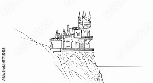 A sketch of a gothic castle perched precariously on a cliff overlooking the sea