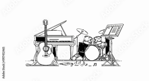 A sketch of a grand piano, guitar, drum kit, and music stand