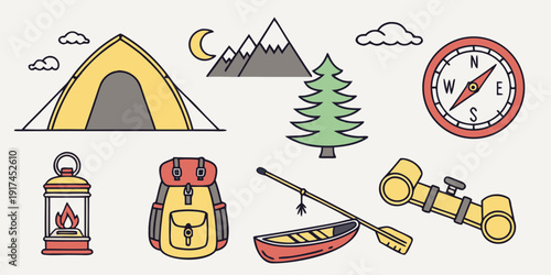 Outdoor activities and safety symbols for camping and hiking adventures