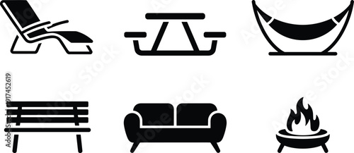 Silhouettes of outdoor and indoor furniture including lounge chair, picnic table, hammock, park bench, sofa, and fire pit, vector illustration for leisure themes