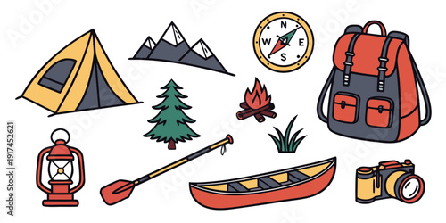 Colorful illustration of camping and outdoor adventure equipment and activities