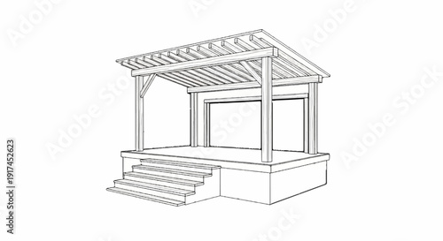 A sketch of an open-air wooden structure with a roof and steps