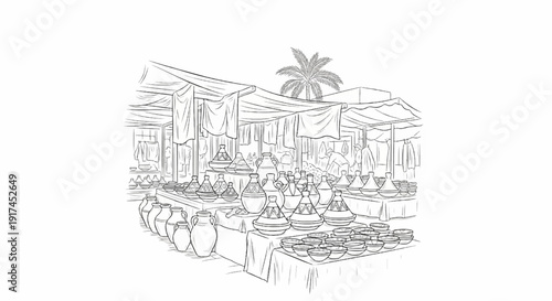 A sketch of an outdoor market stall displaying a variety of pottery and tagine dishes
