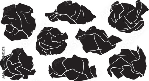 Collection of crumpled paper abstract shapes in black and white