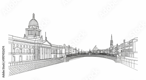 A sketch of buildings and bridges along a river in a European city