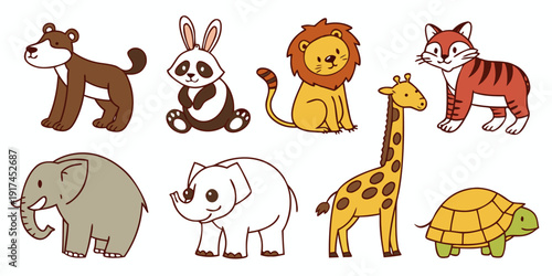 A delightful collection of various cartoon animals standing in a row