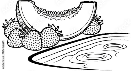 A sketch of ripe strawberries and melon slice beside rippling water