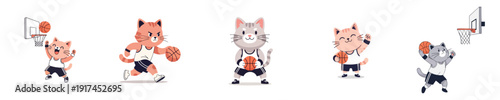 Basketball Cat Mascot Collection Cute Flat Design Character Sports Illustration Set