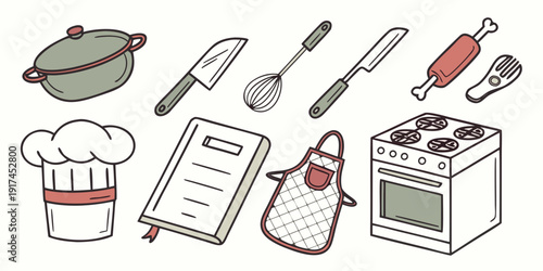 A variety of cooking utensils and appliances arranged on a kitchen counter.