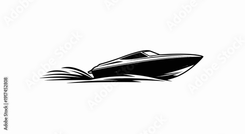 A sleek, black speedboat cuts through the water, leaving a foamy wake