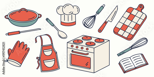 A colorful assortment of kitchen tools and ingredients on a white background.