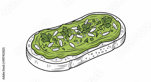 A slice of bread topped with creamy green spread and sprinkled seeds