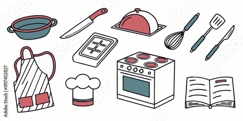 An assortment of kitchen utensils and appliances for cooking and baking.