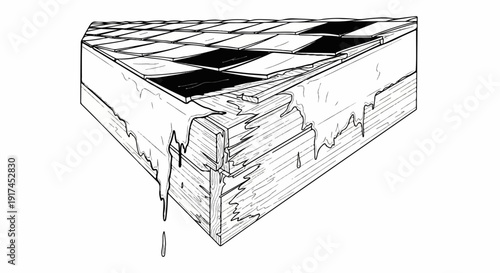 A slice of cake with a checkered top, dripping frosting, and wooden layers