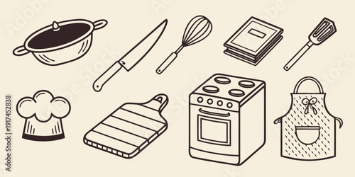 A variety of cooking utensils and appliances arranged neatly on a surface