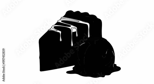 A slice of black cake with white frosting next to a scoop of ice cream