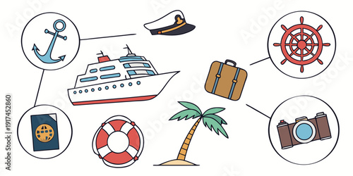 Nautical-themed icons representing various aspects of sea travel and leisure