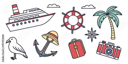 Vacation essentials including a cruise ship, seagull, and beach items