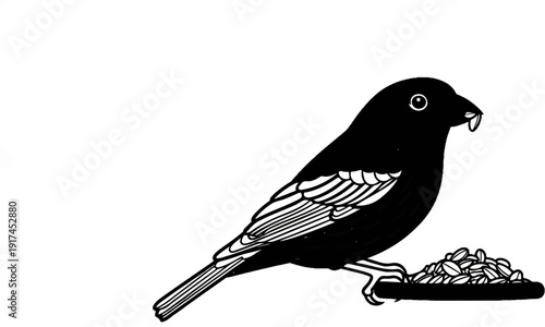 A small black bird with white wing markings eats seeds from a feeder