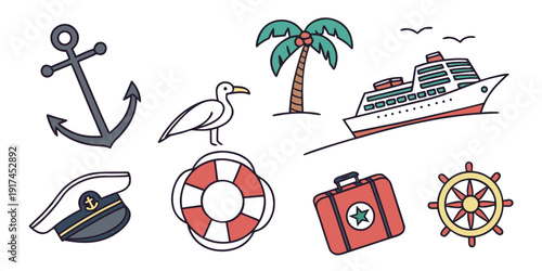Assorted nautical icons including an anchor, seagull, and cruise ship