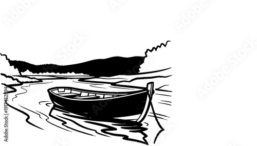 A small wooden boat rests peacefully on calm water, with a distant, silhouetted landscape