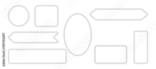 Black and white vector illustration of cable borders including circle square oval and banner frames for maritime design or decorative nautical invitation