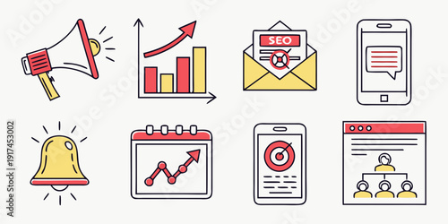 Collection of icons representing various aspects of business and marketing