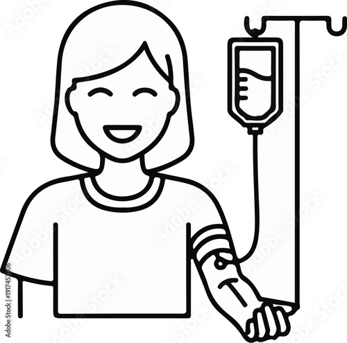 A smiling person receives medical treatment via an intravenous drip