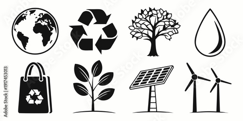 Icons representing various aspects of environmental sustainability and conservation