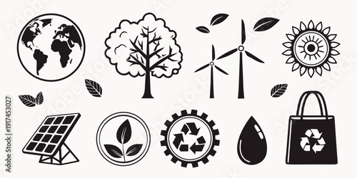 Assorted icons representing various aspects of environmental sustainability and renewable energy