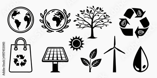 A collection of icons representing various aspects of environmental sustainability and conservation.