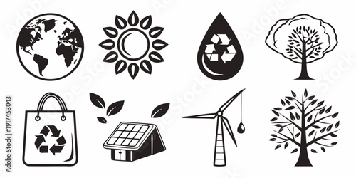 Icons representing various aspects of environmental sustainability and renewable energy