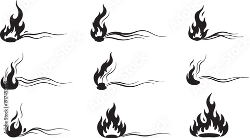 Various Black Flame and Smoke Icons on White Background