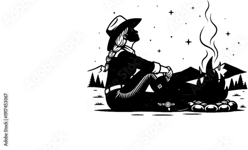 A solitary cowgirl watches stars by a crackling campfire under the night sky