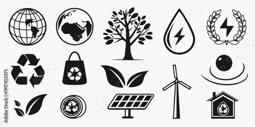 Collection of icons representing environmental sustainability and renewable energy sources