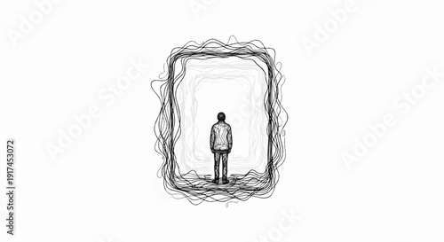 A solitary figure stands facing a chaotic, portal-like opening in monochrome