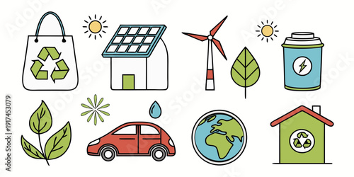 Illustration of various icons representing eco-friendly and sustainable practices.