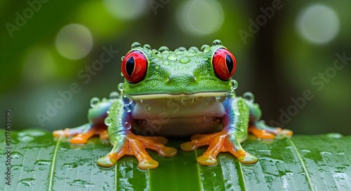 Vibrant red eyed tree frog perched on green leaf in natural habitat