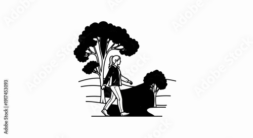 A solitary figure strolls through a park amidst trees and rolling hills