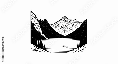 A solitary rowboat drifts on a calm lake surrounded by majestic, jagged mountains