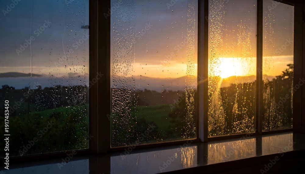 Fototapeta premium Rainy window view of sunrise over distant hills and lush green landscape