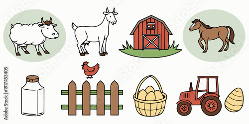A charming farm scene with animals, tools, and a cozy house