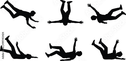 Silhouettes of people in falling and tumbling positions, vector illustration representing motion, chaos, disorientation, abstract art, and dynamic human movement themes