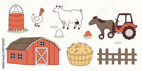 A vibrant illustration of a farm scene with various animals and objects